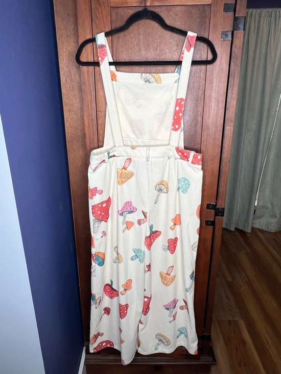 Cider Mushroom Print Corduroy Overalls Wide Leg Cottagecore Indie Beige L - Picture 7 of 9